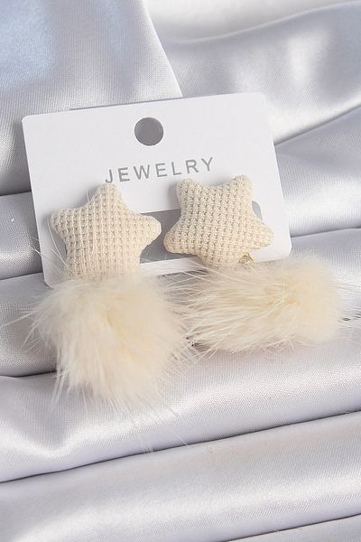 BESKAR Cream Colored Feather Pompom Model Women's Earrings