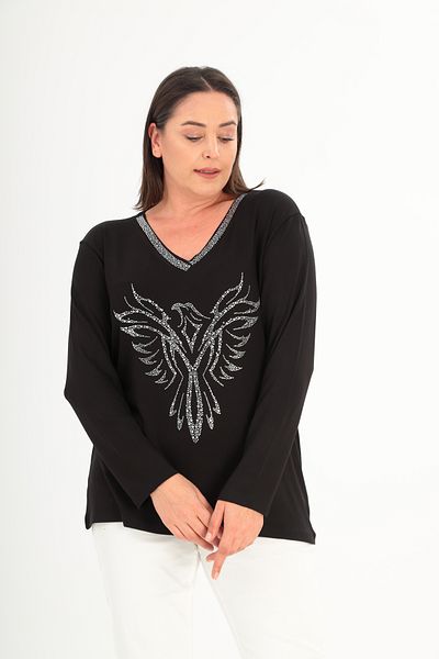 Şans Women's Plus Size Black Collar and Front Stone Print Detailed Blouse 65N38431