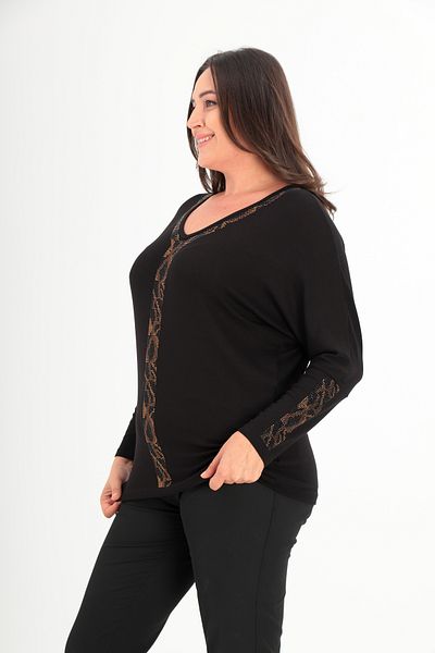 Şans Women's Plus Size Black Sleeve and Front Stone Print Detailed Bat Sleeve Blouse 65N38424