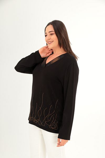 Şans Women's Plus Size Black Neck and Skirt Stone Print Detailed Blouse 65N38423