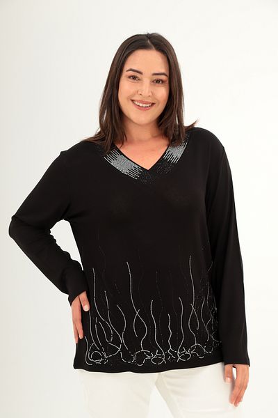 Şans Women's Plus Size Black Neck and Skirt Stone Print Detailed Blouse 65N38422