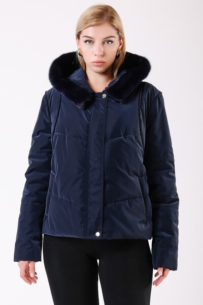 Leather Club Lacivert Mink Kürk Aksesuarlı Şişme Puffer Mont