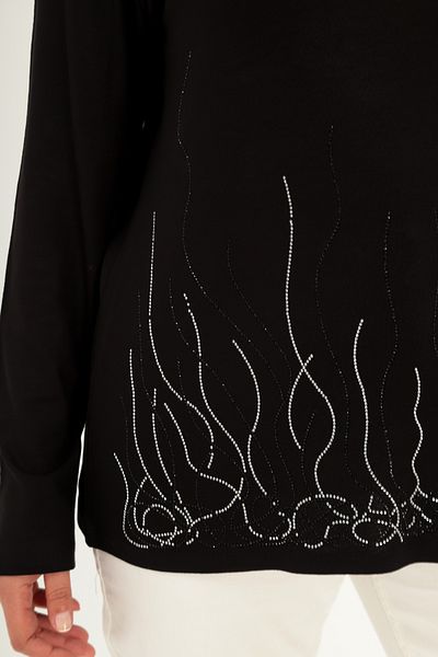 Şans Women's Plus Size Black Neck and Skirt Stone Print Detailed Blouse 65N38422