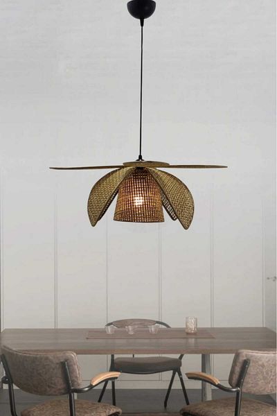 BSA LIGHTING ثريا PAMIR مفردة من الخوص مع عاكس الضوء البني - 8 أوراق للاستخدام في غرفة المعيشة وغرفة النوم والمطبخ والقاعة