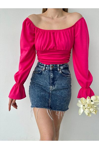 REELMODA GULER MADONNA ROZ MANECĂ BALONATĂ DĂMÂNĂ STILIZ CREPE BLUZ