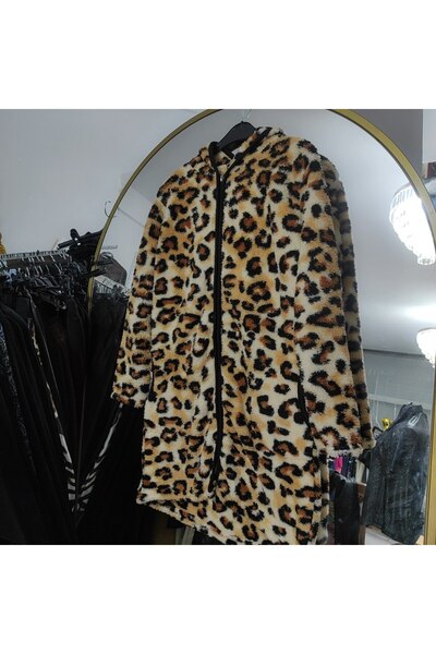 DHDmoda Leopar Desenli Kapüşonlu Cepli Welsoft Peluş fermuarlı mont.