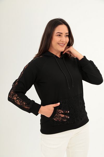 Şans Women's Large Size Black Lace Detailed Sweatshirt 65N38435