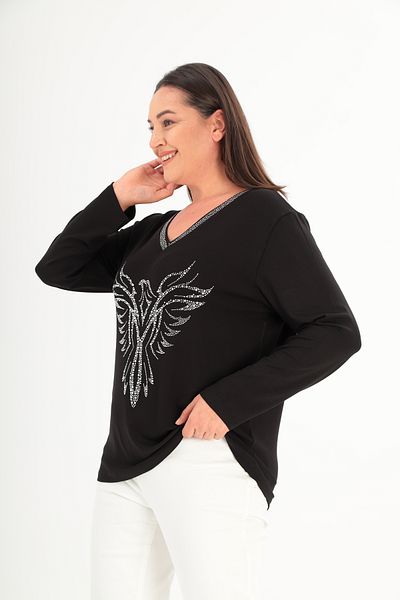 Şans Women's Plus Size Black Collar and Front Stone Print Detailed Blouse 65N38431