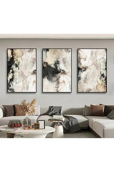 Linacci Triple Black Metal Frame Black Cream Abstract Glass Painting Set