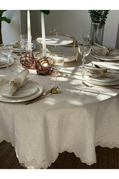 Decamor home Keten Dokulu Oval Masa Örtüsü Gold Simli Ekru Dantel Detaylı Oval Masa Örtüsü