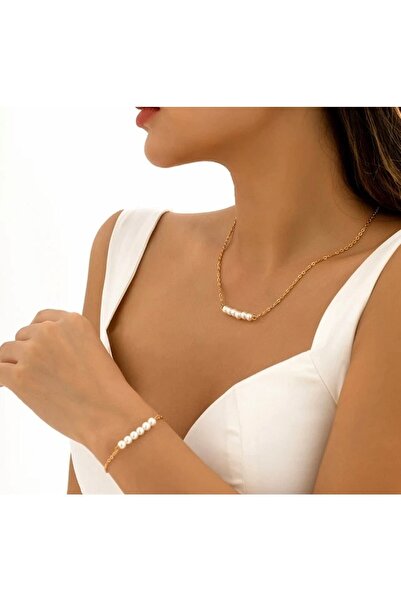 Roe takı aksesuar Kadın Inci Kolye Ve Inci Bileklik Set