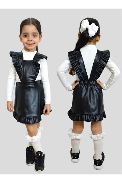 Kidmark Çocuk Modası Girl's Ruffle Strap Leather Gilet Dress