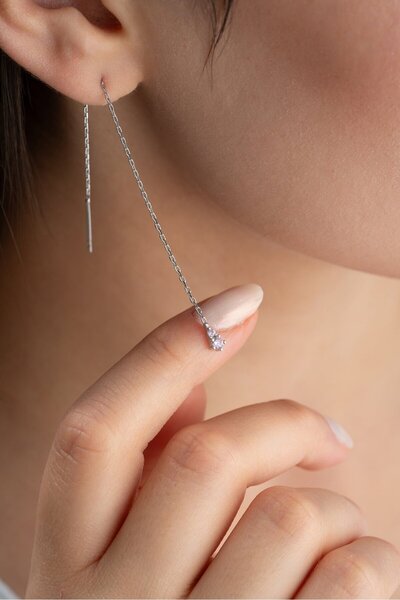 ESSARE 925 Ayar Gümüş Rodyum Kaplama Pembe Taşlı Zincir Küpe