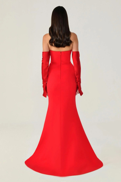 ALFABETA STRAPLEZ SATEN YAKA VE SATEN KOL DETAY BALIK ŞIK ABİYE ELBİSE