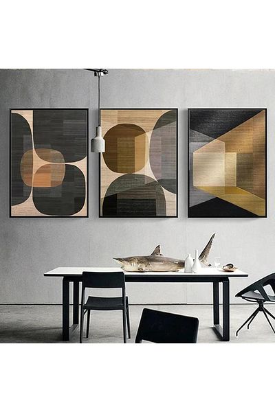 Linacci Set of 3 Black Metal Frame Brown Abstract Glass Table Set