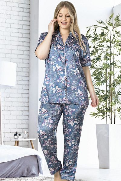VİENETTA Σετ γυναικεία πιτζάμα Satin Plus Size - Κοντό μανίκι με κουμπιά