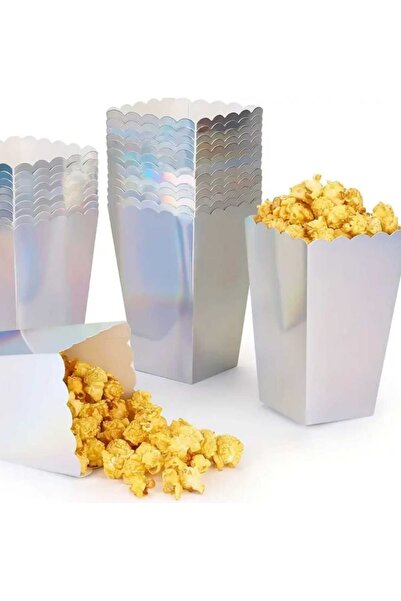 PARTİ AŞKI Metalik Parlak Gümüş Renk Mısır Kutusu - 8 Adet Popcorn & Cips Kut...