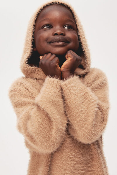 H&M Kapüşonlu Kabarık Tüylü Triko Üst