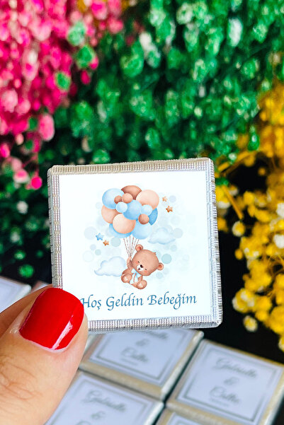 HEDİYE35 Balon Ayı Kare Madlen Çikolata Etiketi Doğum Günü Madlen Etiket /100...