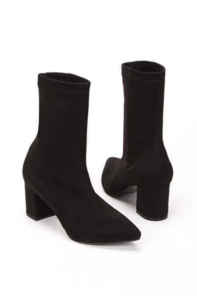 SUENO SHOES Kadın Streç Siyah Süet Bot 7 Cm Topuklu Bot