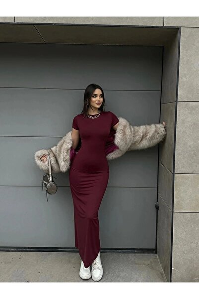 khar Kadın kısa Kollu Maxi Elbise bordo