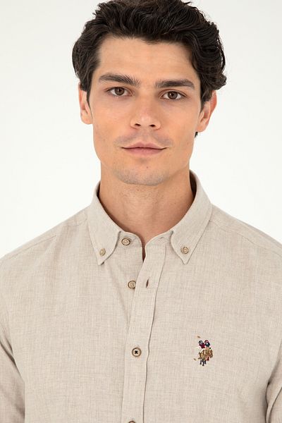 U.S. Polo Assn. Ανδρικό μπεζ μακρυμάνικο πουκάμισο Basic 50293980 -VR011