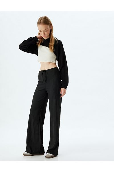 Koton High Waist and Lace-up Wide Leg Trousers - Ribbed Comfortable Fit