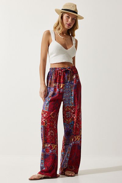 Lovelyİstanbul Viscose Palazzo Trousers - Patterned and Draped, Red and Blue, Len0003