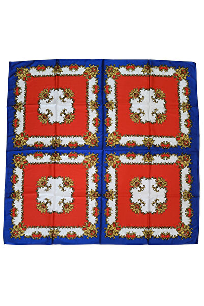 TikiTonki Etnik Çiçek Desenli Saten Lacivert Eşarp - 90x90