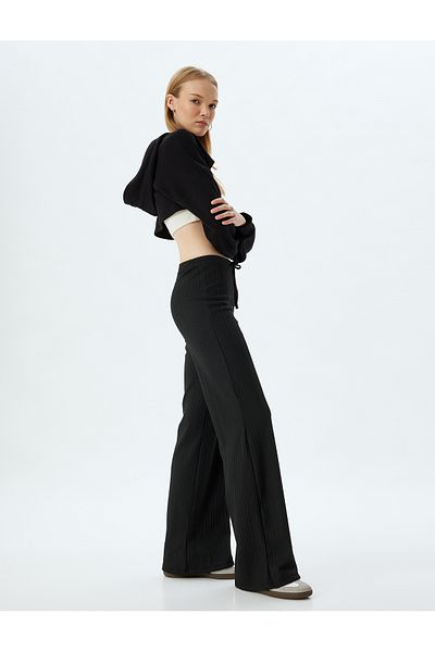 Koton High Waist and Lace-up Wide Leg Trousers - Ribbed Comfortable Fit