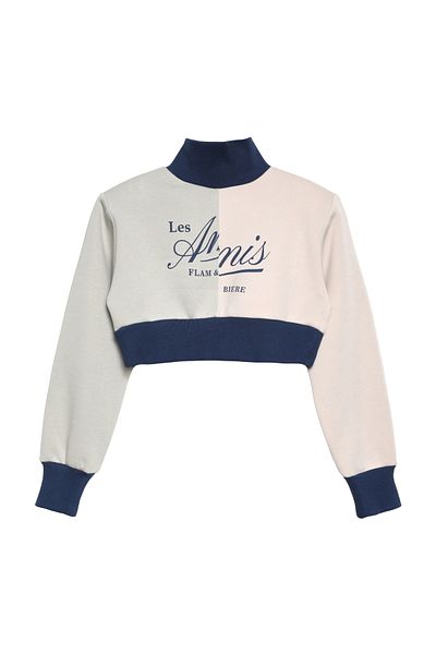 Quzu Beige Crop Sweatshirt - Stand Collar and Printed Design