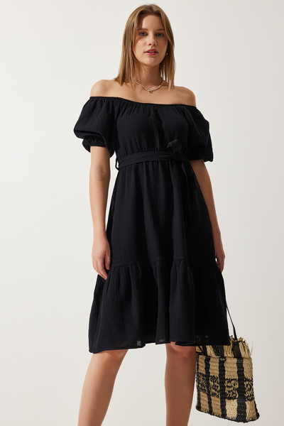 Lovelyİstanbul Καλοκαιρινό μουσελίνα φόρεμα Carmen με γιακά ΜΑΥΡΟ LMX0063