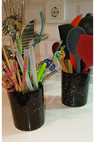 teknotrust Şık Siyah Seramik Tezgah Üstü Kaşıklık ve Kavanoz Seti