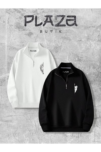 Plaza Butik Lover Lion Is Equal with It Printed Couple Sweatshirt Combination - Half Zipper