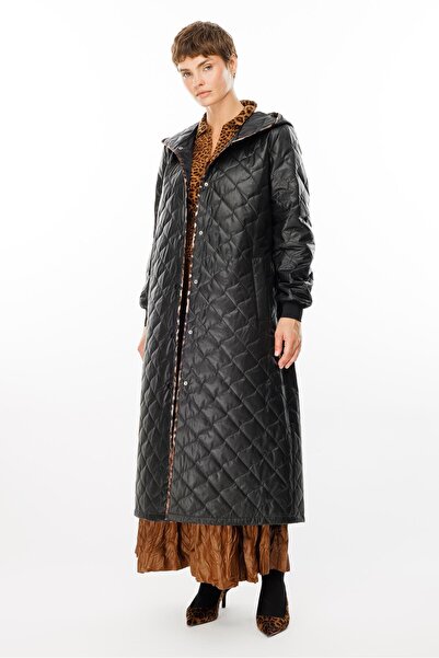 Micca Leopar Biye Detaylı Dolgulu Baharlık Spor ve Zamansız Trench Kaban-Siyah