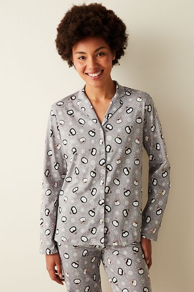 Penti Cute Penguin Patterned Long Sleeve Buttoned Gray Pajamas Set