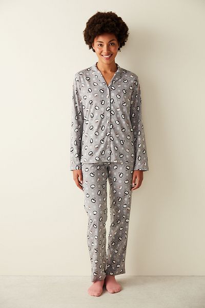 Penti Cute Penguin Patterned Long Sleeve Buttoned Gray Pajamas Set