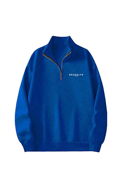 coolart Бруклинска суитшърт с половин цип - саксофонно синьо с принт и голям яка