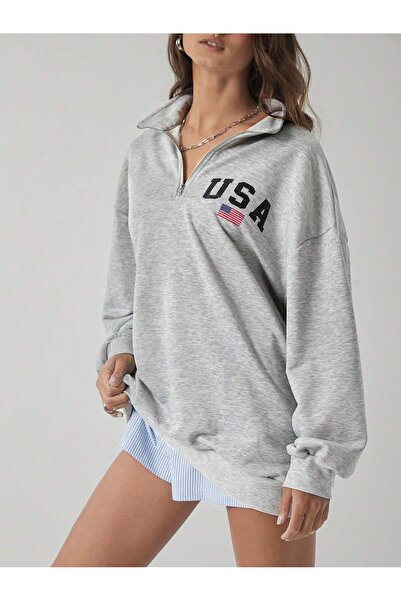 SeusCraft Φούτερ με μισό φερμουάρ με σημαία ΗΠΑ - Γκρι στάμπα, υπερμεγέθης όρ...