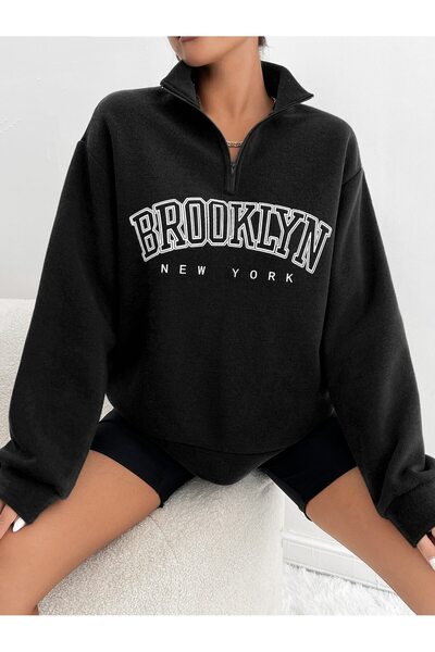 MODARİCH Hanorac oversize negru cu imprimeu Brooklyn New York - jumătate cu f...