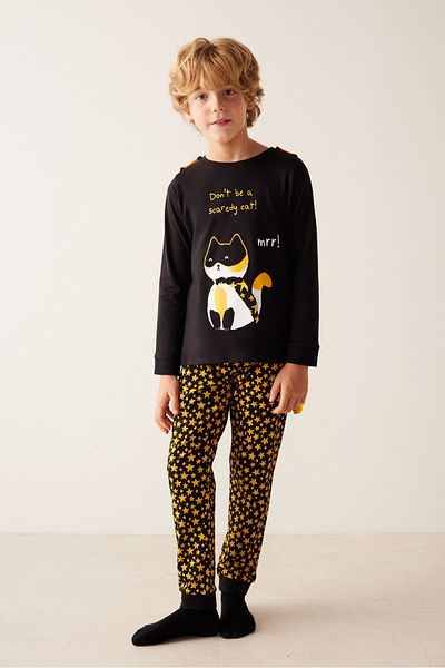 Penti Black Boy's Cat Printed Pajama Set