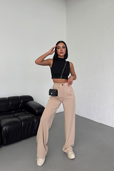 CNRCollection Kadın Bej Yüksek Bel Pileli Düğmeli Likralı Esnek Kumaş Oversize Rahat Kalıp Palazzo Pantolon