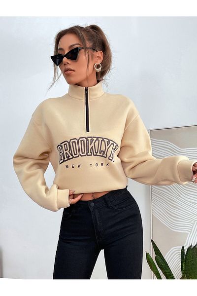 MODARİCH Hanorac oversize cu imprimeu bej Brooklyn New York - jumătate cu fermoar, guler în picioare