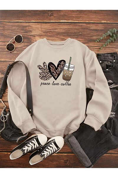MODARİCH Φούτερ Peace Love Coffe - Μπεζ με στάμπα Oversize ροζ λαιμόκοψη