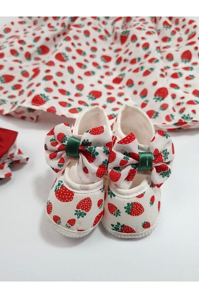YUKOBABY Baby Girl Strawberry Printed Dress (Bow Bandana and Shoes) 3-Piece Set