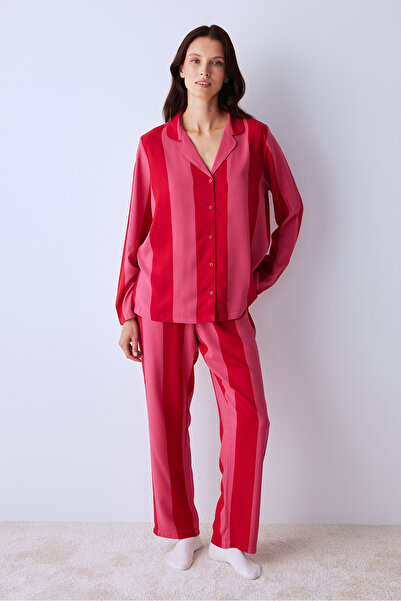 Penti For You Çizgili Kırmızı Düğmeli Gömlek Pantolon Pijama Takımı