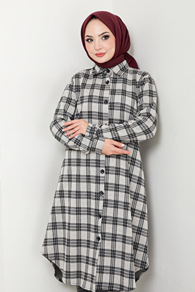 ModaMerve Plaid Patterned Shirt Tunic - 2003Brz981-M Vision