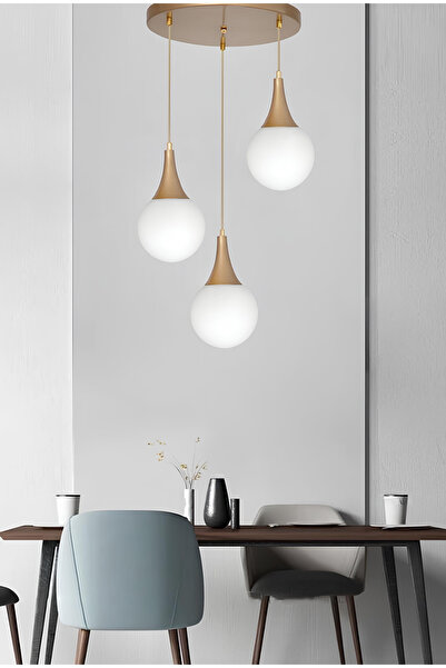 burenze Modern 3'lü Sarkıt Beyaz Opal Camlı Salon Mutfak Oturma Odası Avize Eskitme Gold