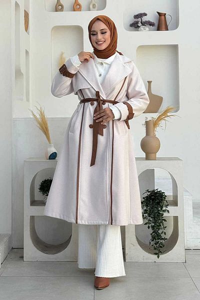 Bym Fashion Stemp Coat 7868 - Φόδρα, Δερμάτινη ζώνη μέσης και χρώμα πέτρας