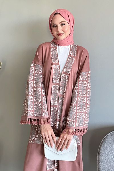 InStyle Ethnic Pattern Tasseled Powder Kimono